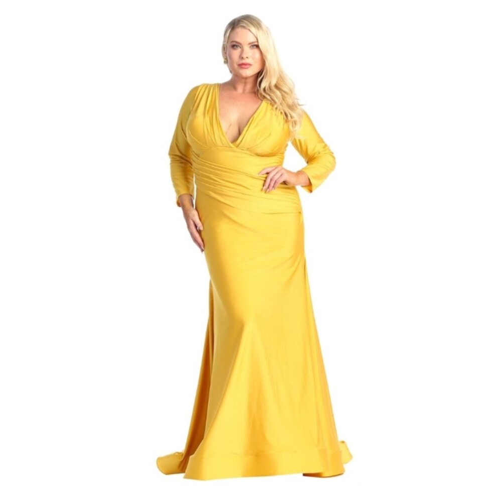 Mustard Formal Long V-Neck Full Sleeves Bodycon Dress By May Queen MQ1833